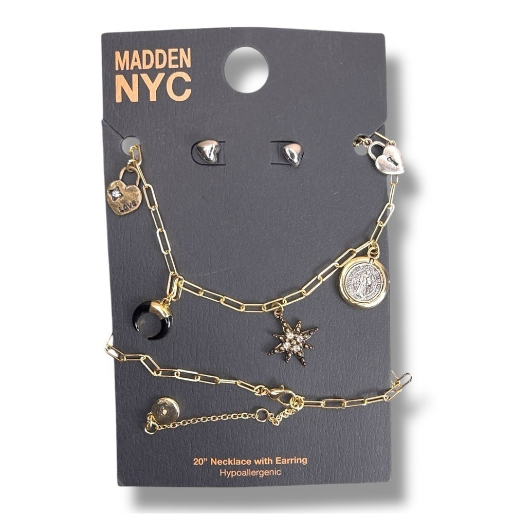 New Necklace With Earrings Set Goth Heart Stars Madden NYC Gold